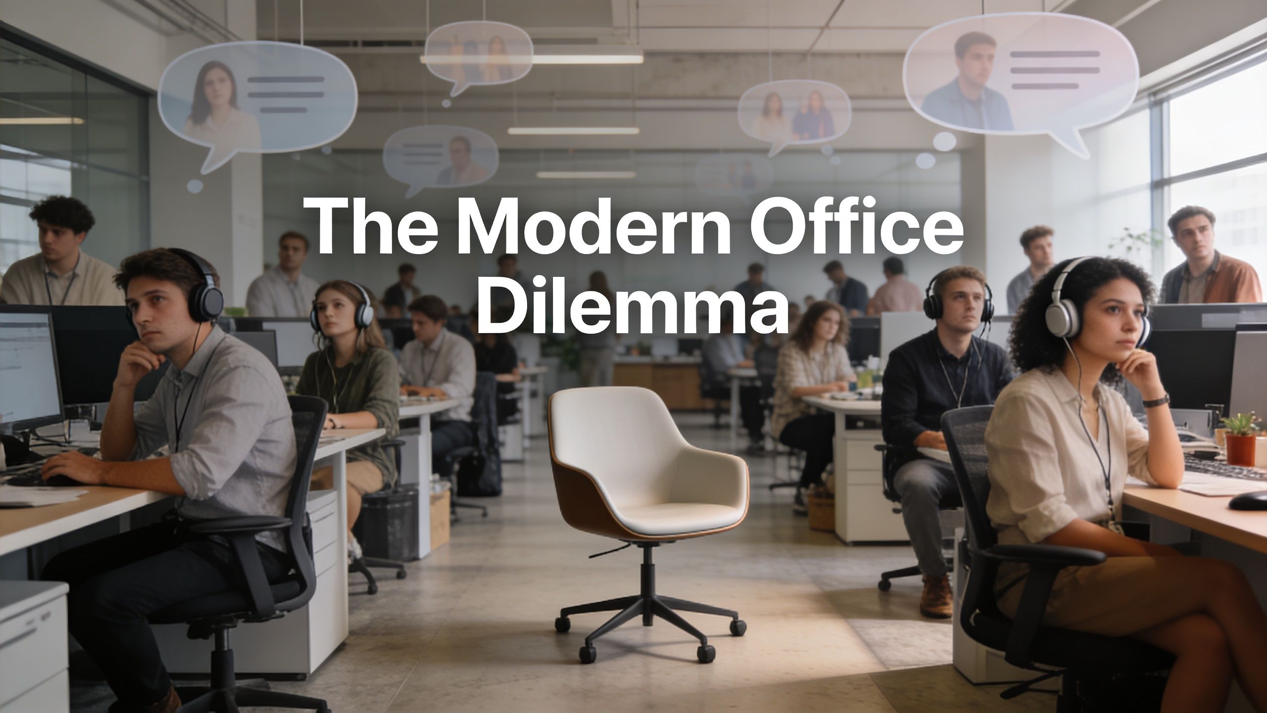 A modern open-plan office space with employees wearing headphones and a central empty designer office chair.