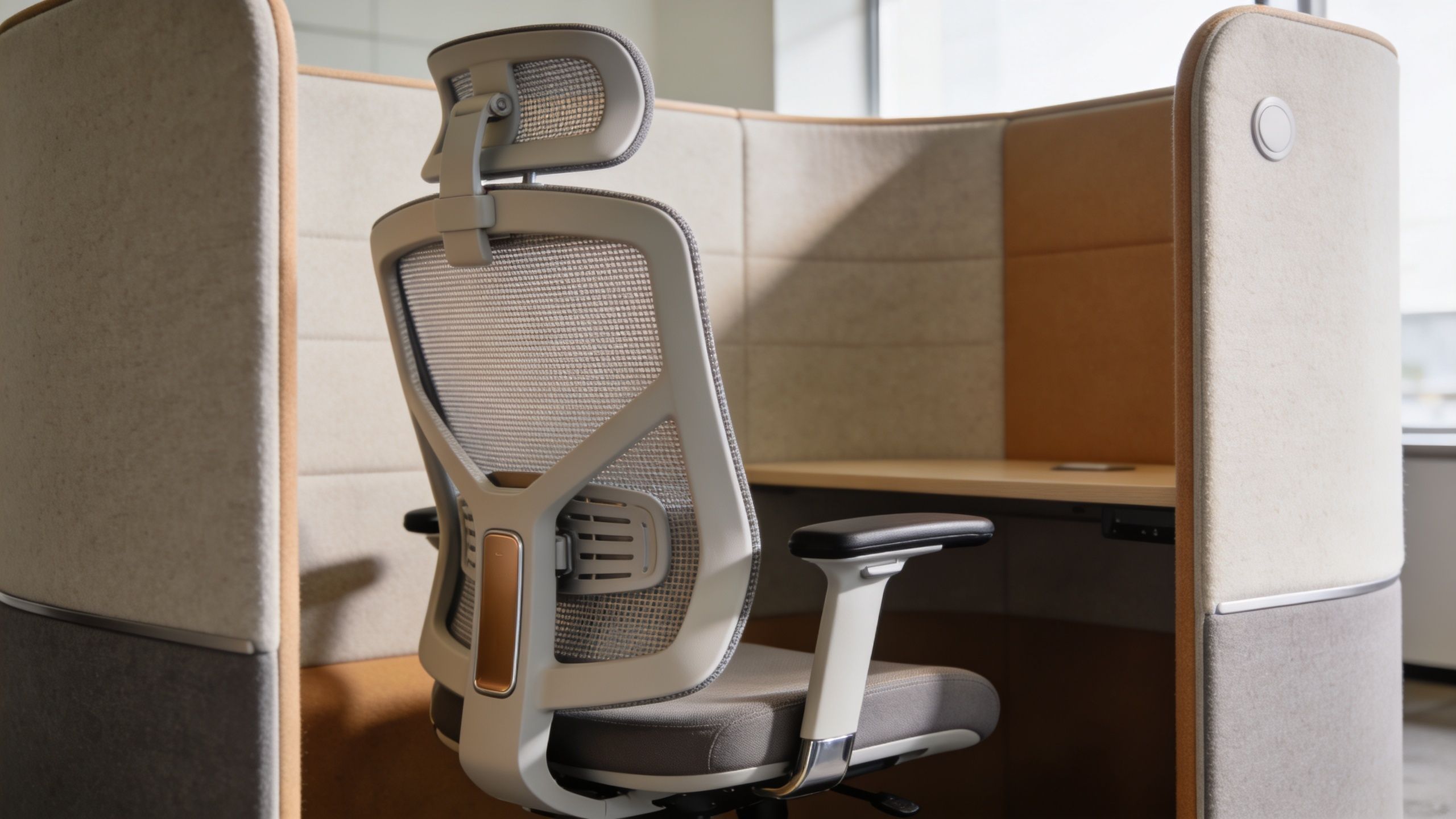 A modern grey ergonomic designer office chair positioned in a private soundproof work cubicle with tan panels.
