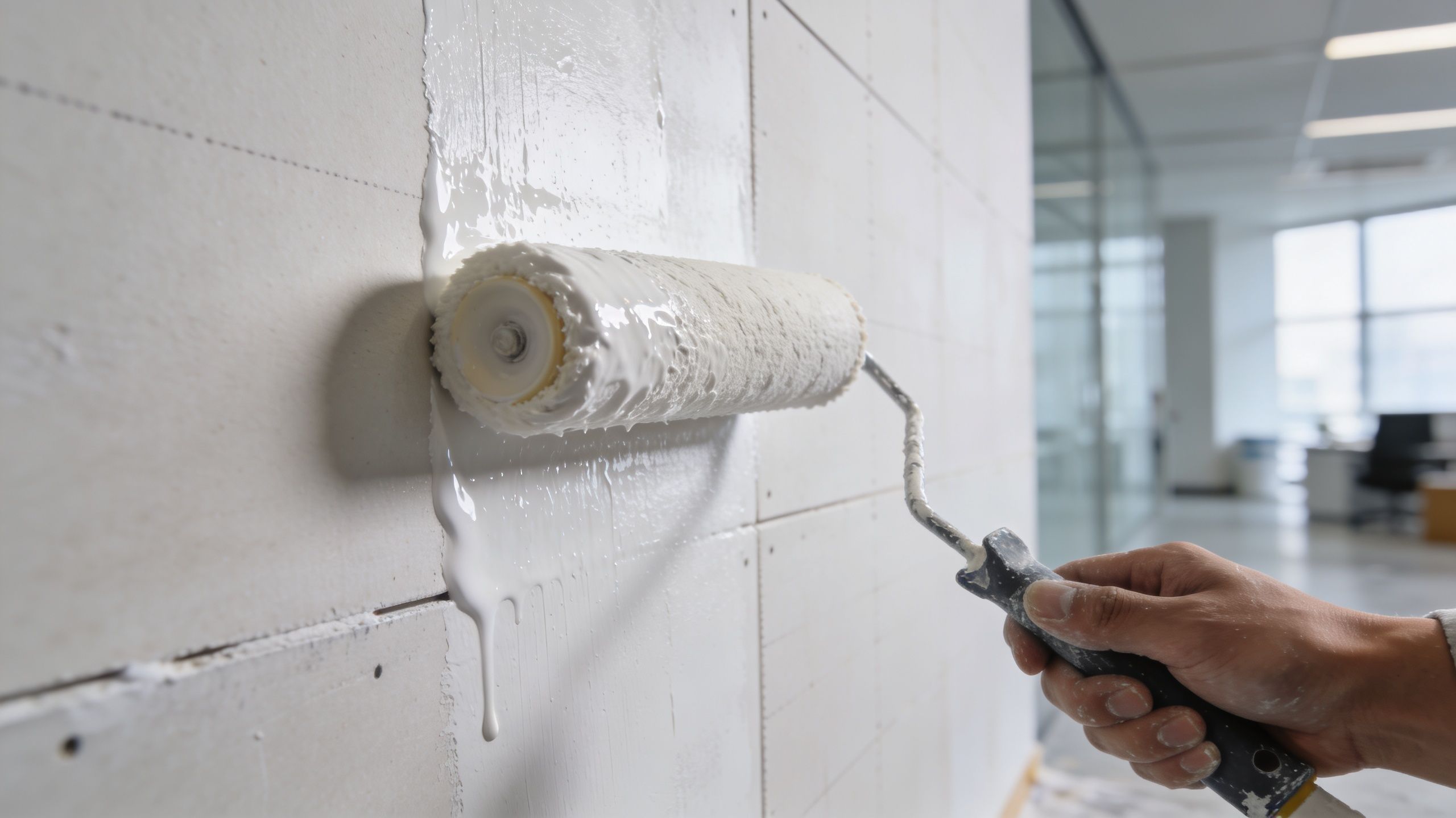 A close-up of a hand using a paint roller to apply primer to a drywall plasterboard wall.
