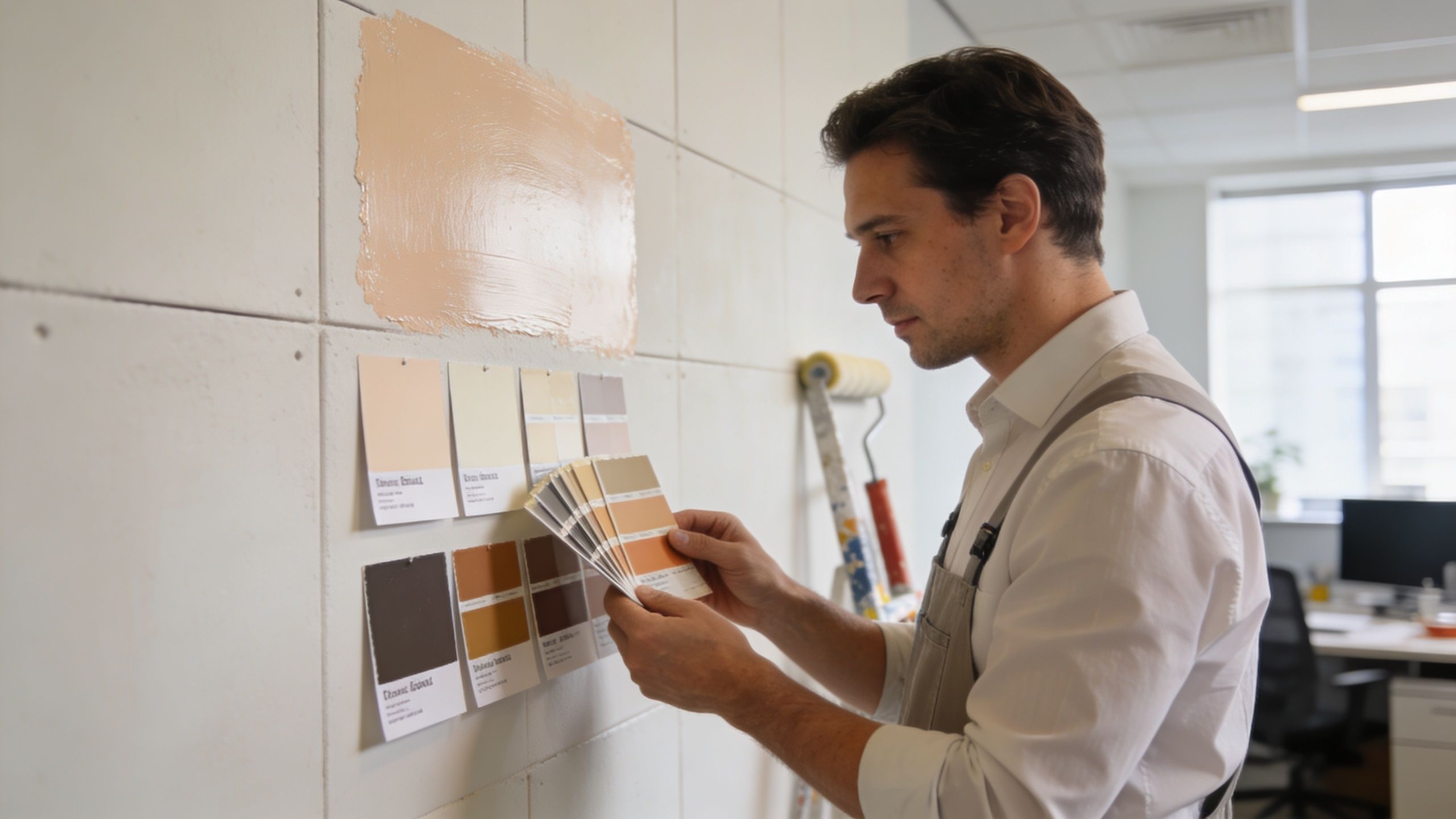 A professional painter holding a color fan deck while comparing paint samples on a plasterboard wall.
