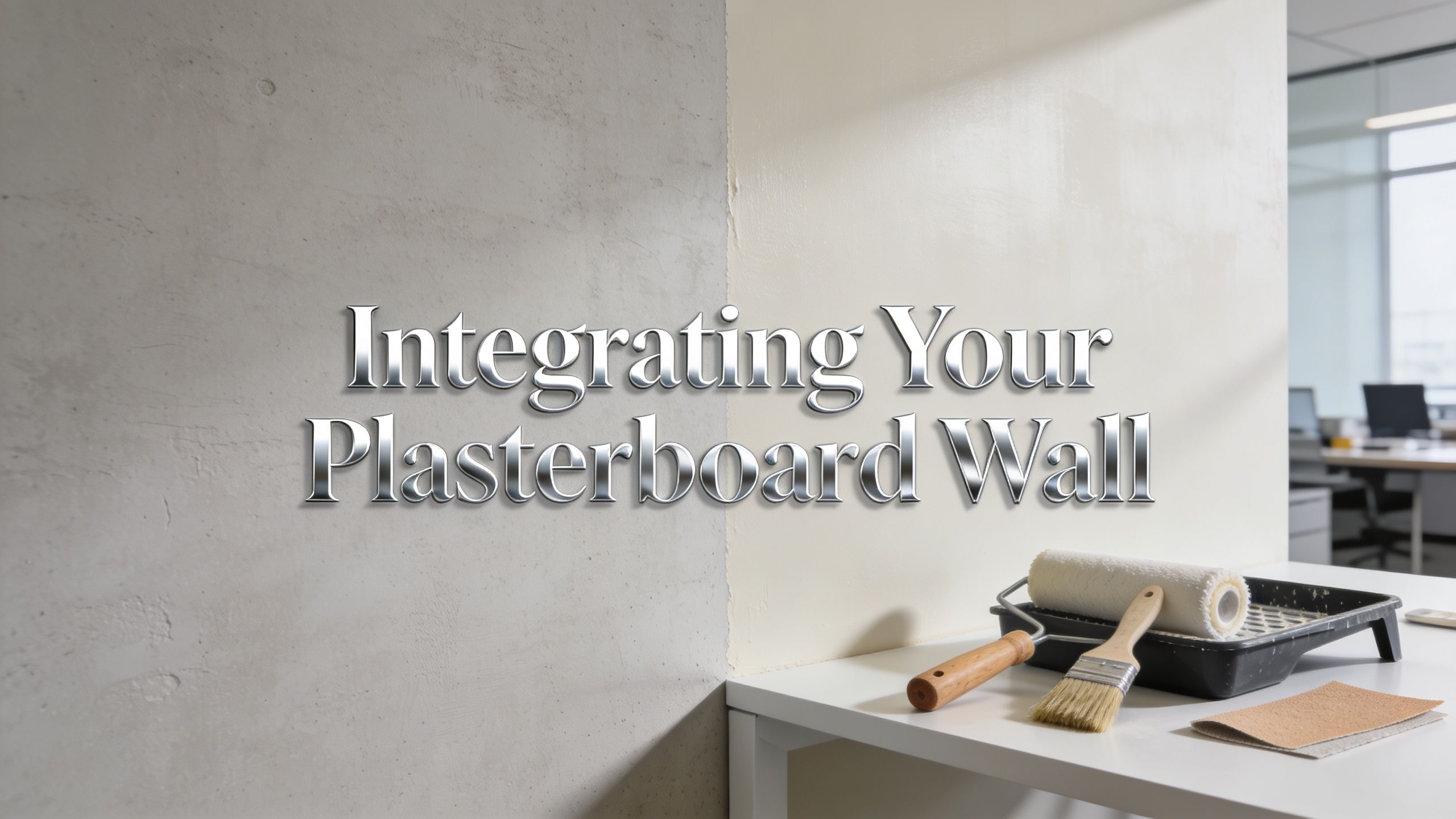 A half-painted plasterboard wall with a paint roller, brush, and sandpaper on a table nearby.
