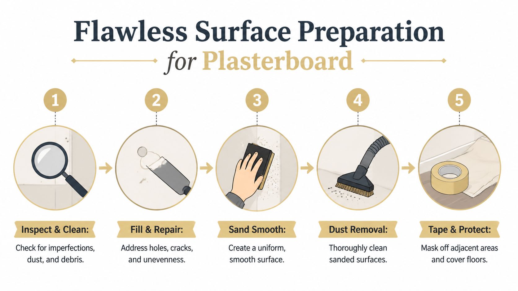 A step-by-step infographic illustrating five stages for preparing plasterboard surfaces for painting or decoration.