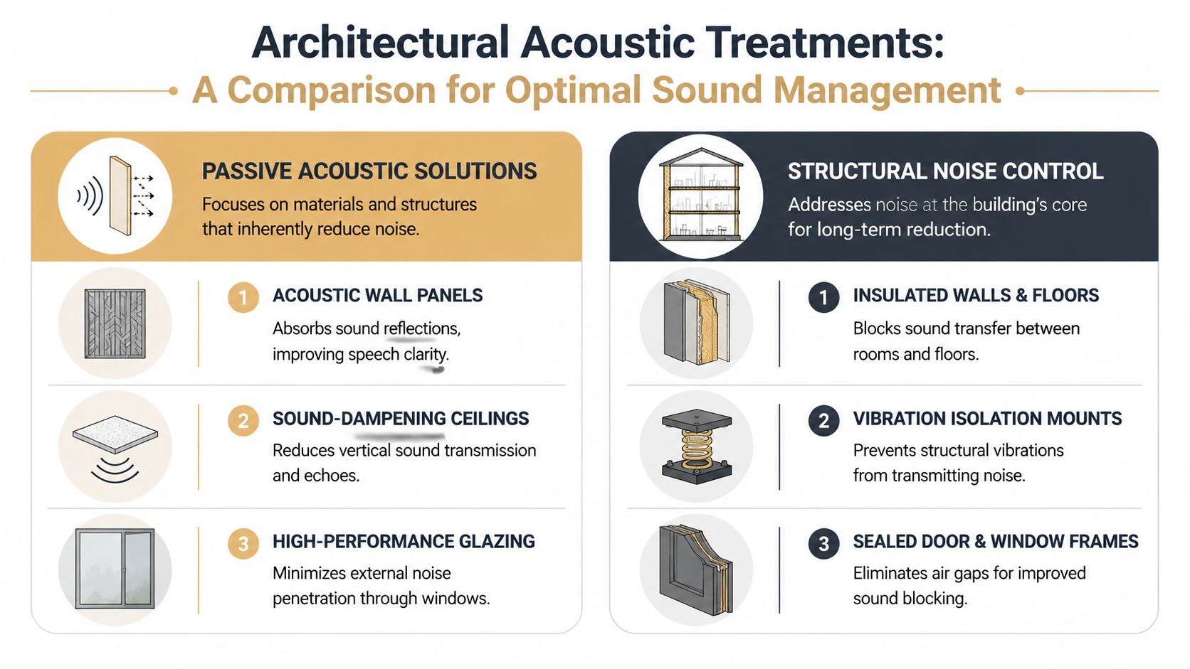 A comparison chart outlining passive acoustic solutions and structural noise control methods for effective sound management.