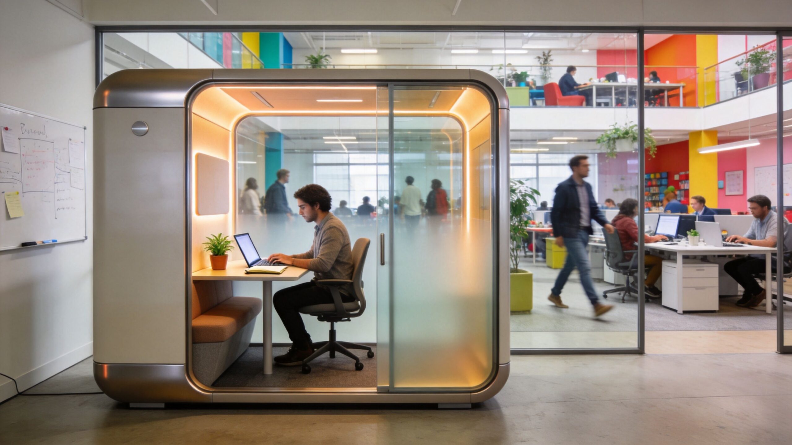 A professional working inside a soundproof office pod in an open plan office space.