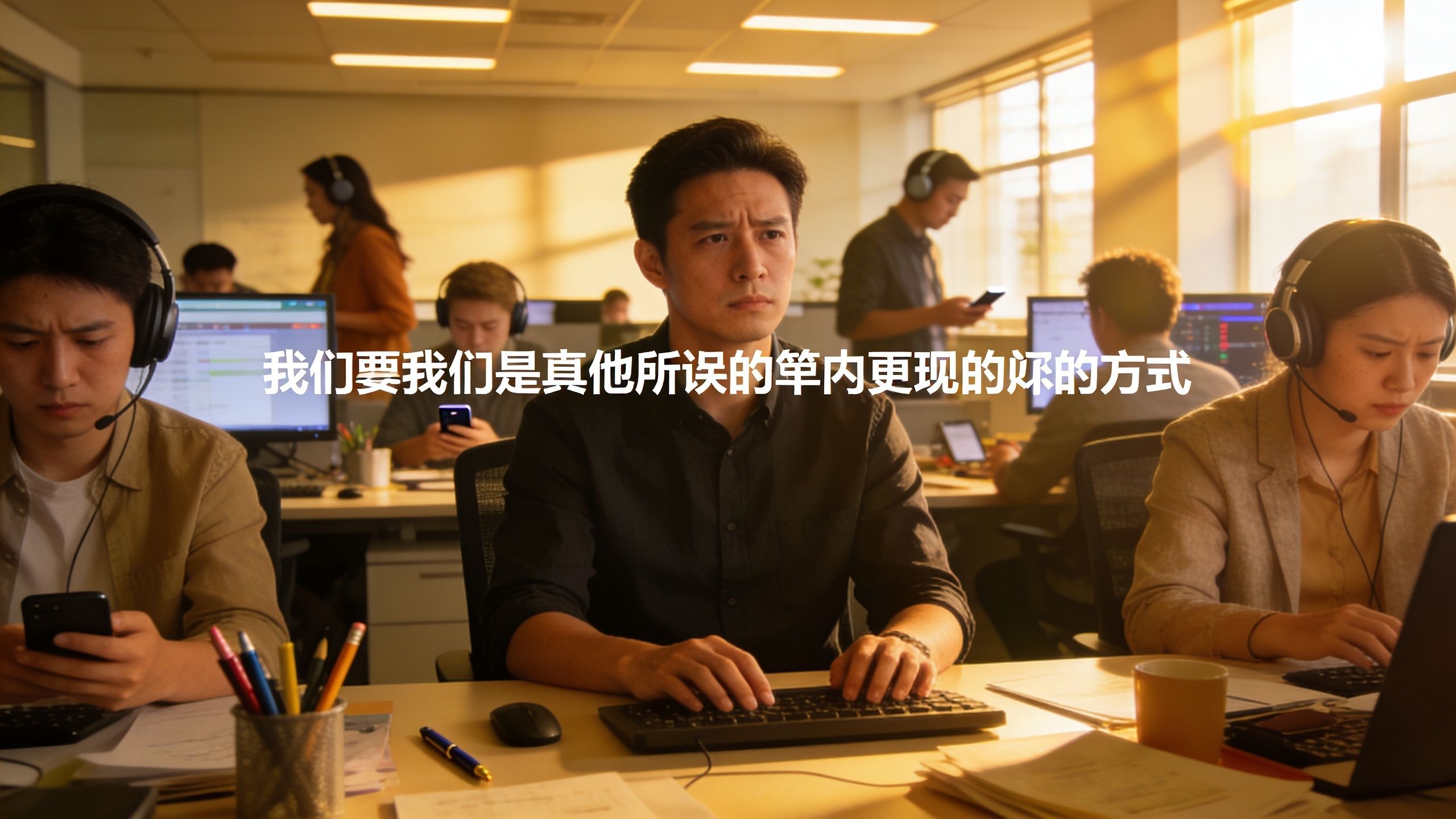 A professional office environment with employees wearing headsets and working on computers in a bright workspace.