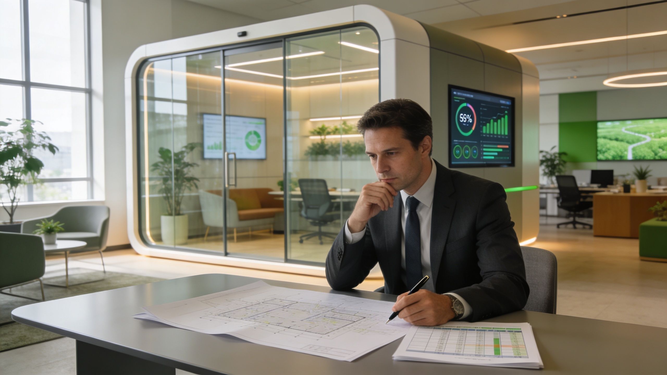 A professional man in a suit analyzing architectural blueprints in a modern open-plan office setting.