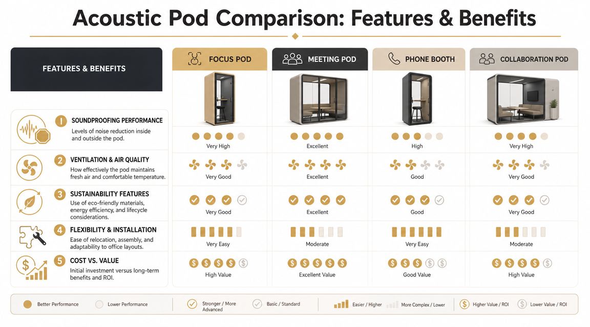 A comparison chart of four different acoustic office pods showing features like soundproofing, ventilation, and cost effectiveness.