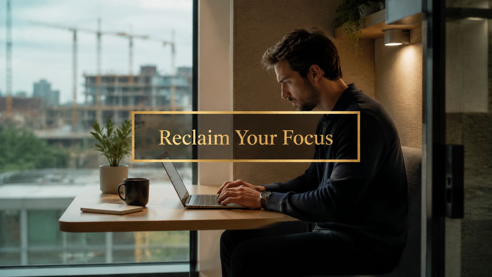 A focused man working on his laptop in a quiet office space overlooking a noisy construction site.