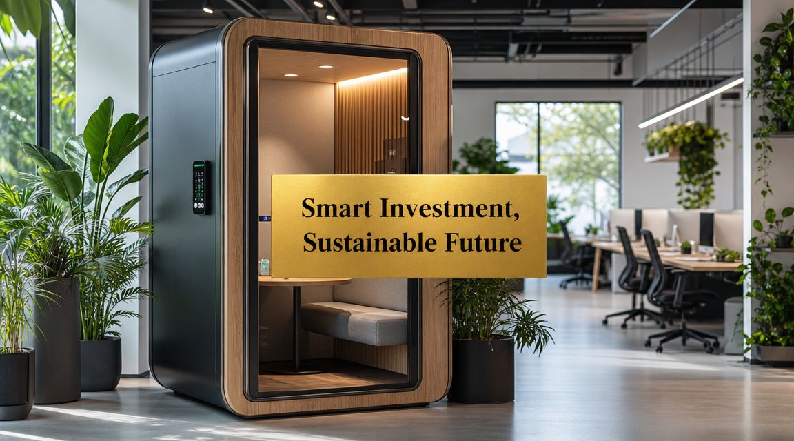 A modern soundproof office pod placed in a contemporary workplace environment with green office plants.