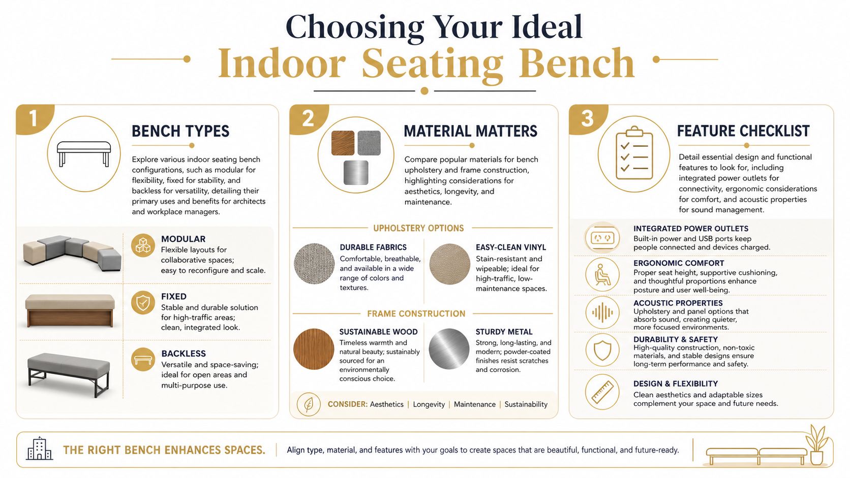 An infographic titled Choosing Your Ideal Indoor Seating Bench, detailing bench types, material options, and features.