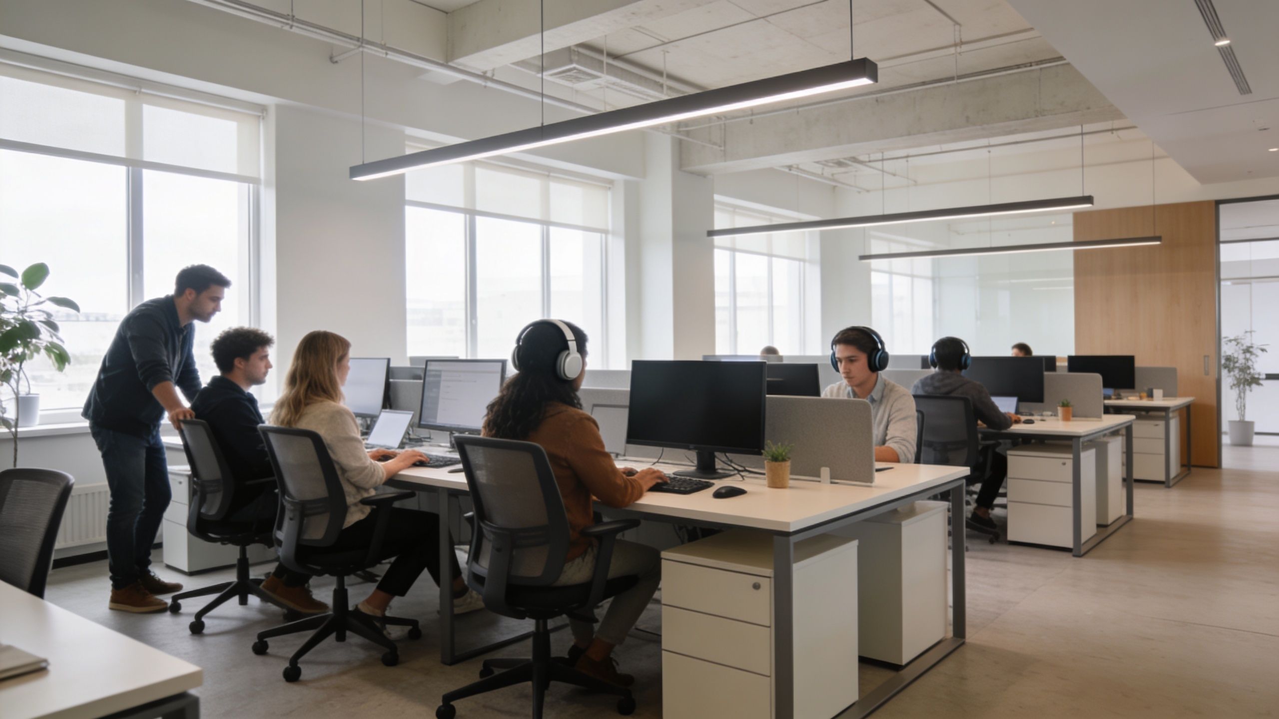 A professional team of employees works collaboratively in a modern, open-plan office setting with computers.