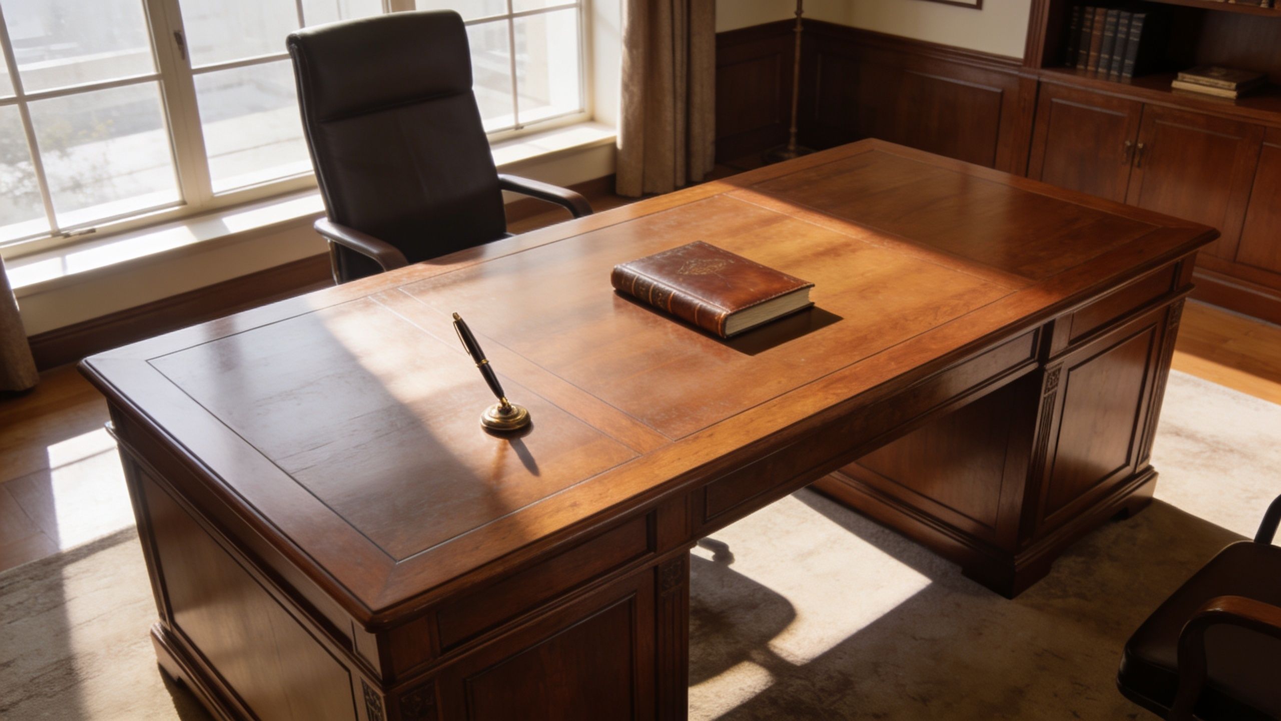 A sophisticated executive office featuring a large wooden desk with a vintage leather book and fountain pen.