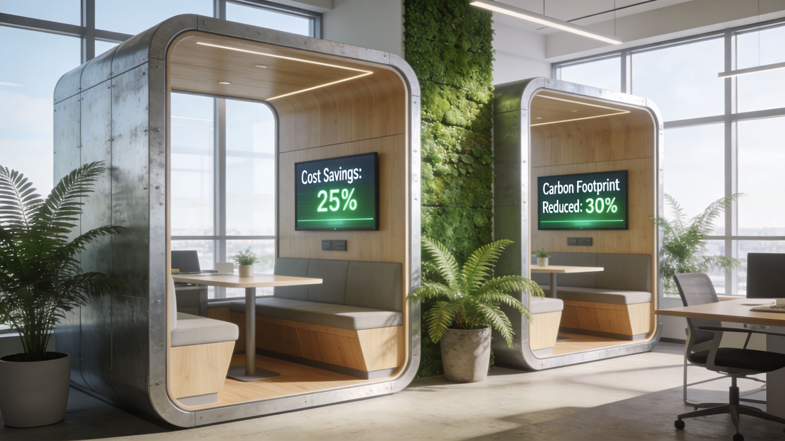Two modern office meeting pods with wood interiors and green displays showing sustainability statistics in a bright office.