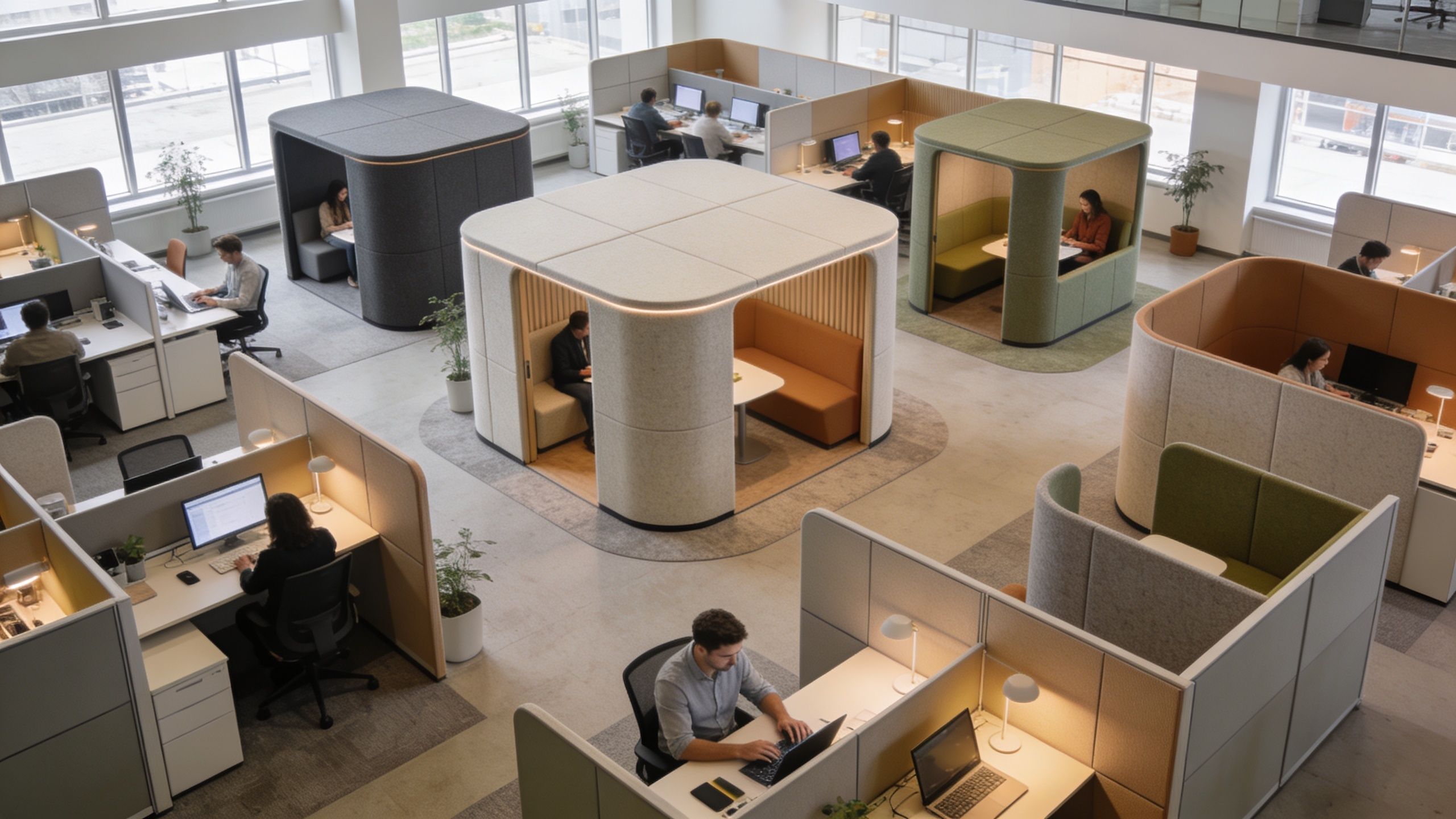 A modern, bright office layout with people working at individual desks and inside private soundproof meeting pods.