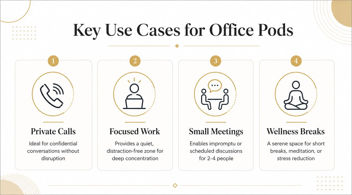 An infographic illustrating four key use cases for office pods: private calls, focused work, small meetings, and wellness breaks.