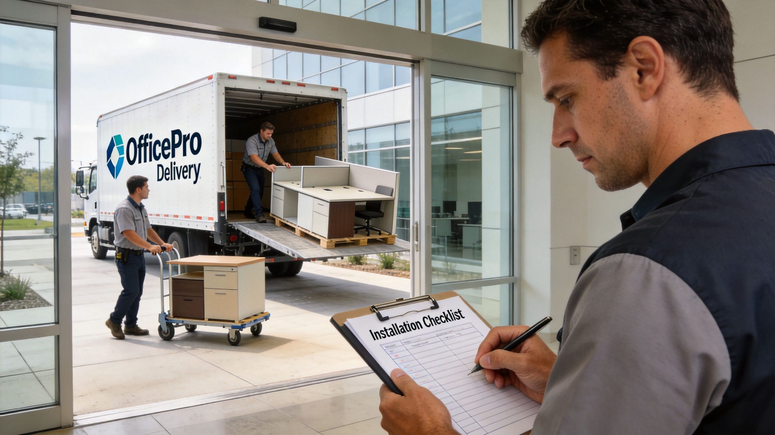 A professional technician checking an installation list while furniture delivery workers unload office desks from a truck.