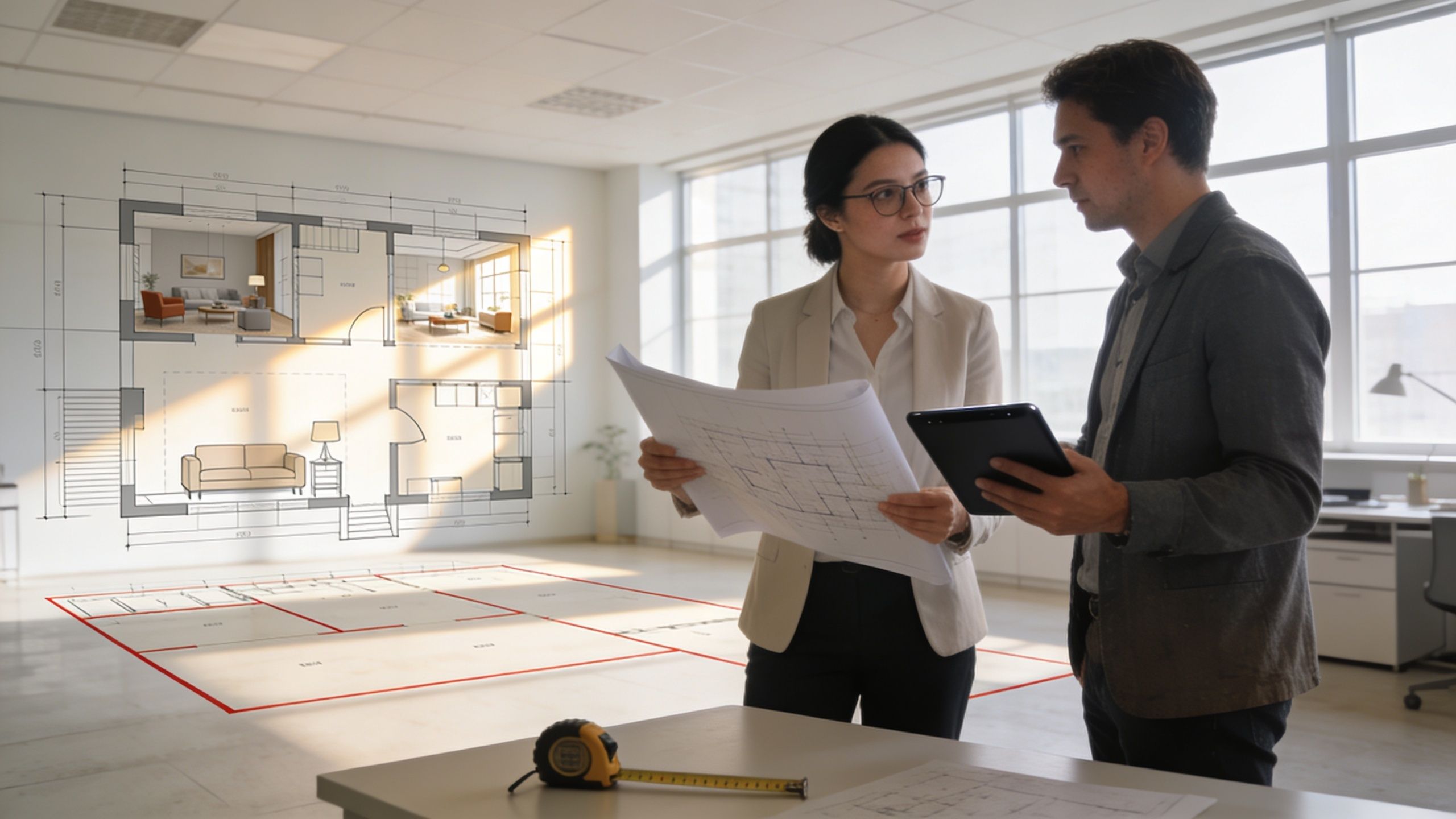 Architects reviewing floor plans and office furniture installation layouts in a bright, modern professional workspace.