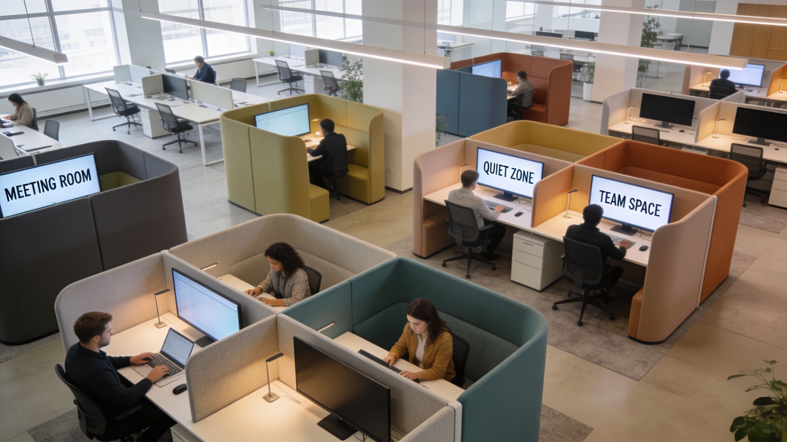 An aerial view of a modern open-plan office featuring modular workstations, private pods, and employees working.