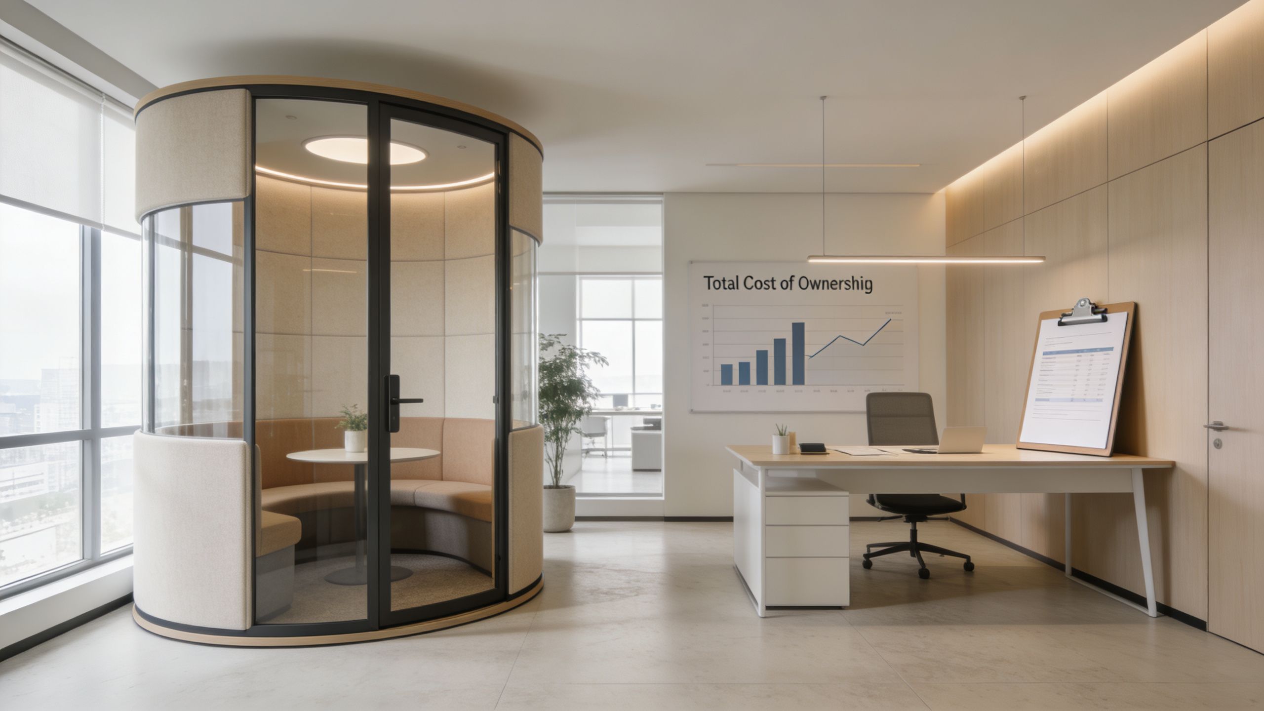 A modern office space featuring a circular glass meeting pod and a professional desk with financial charts.