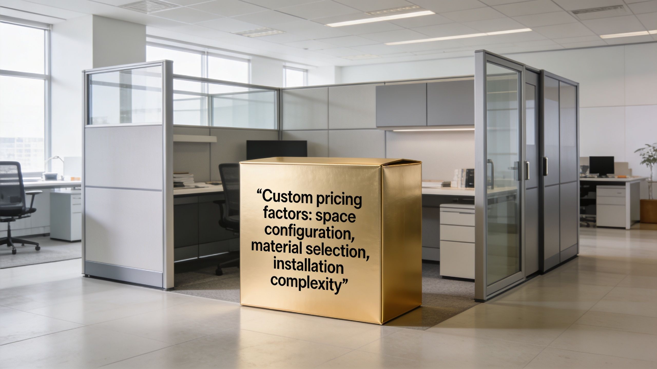 A large gold-colored cube placed in a modern office with text about custom pricing factors.