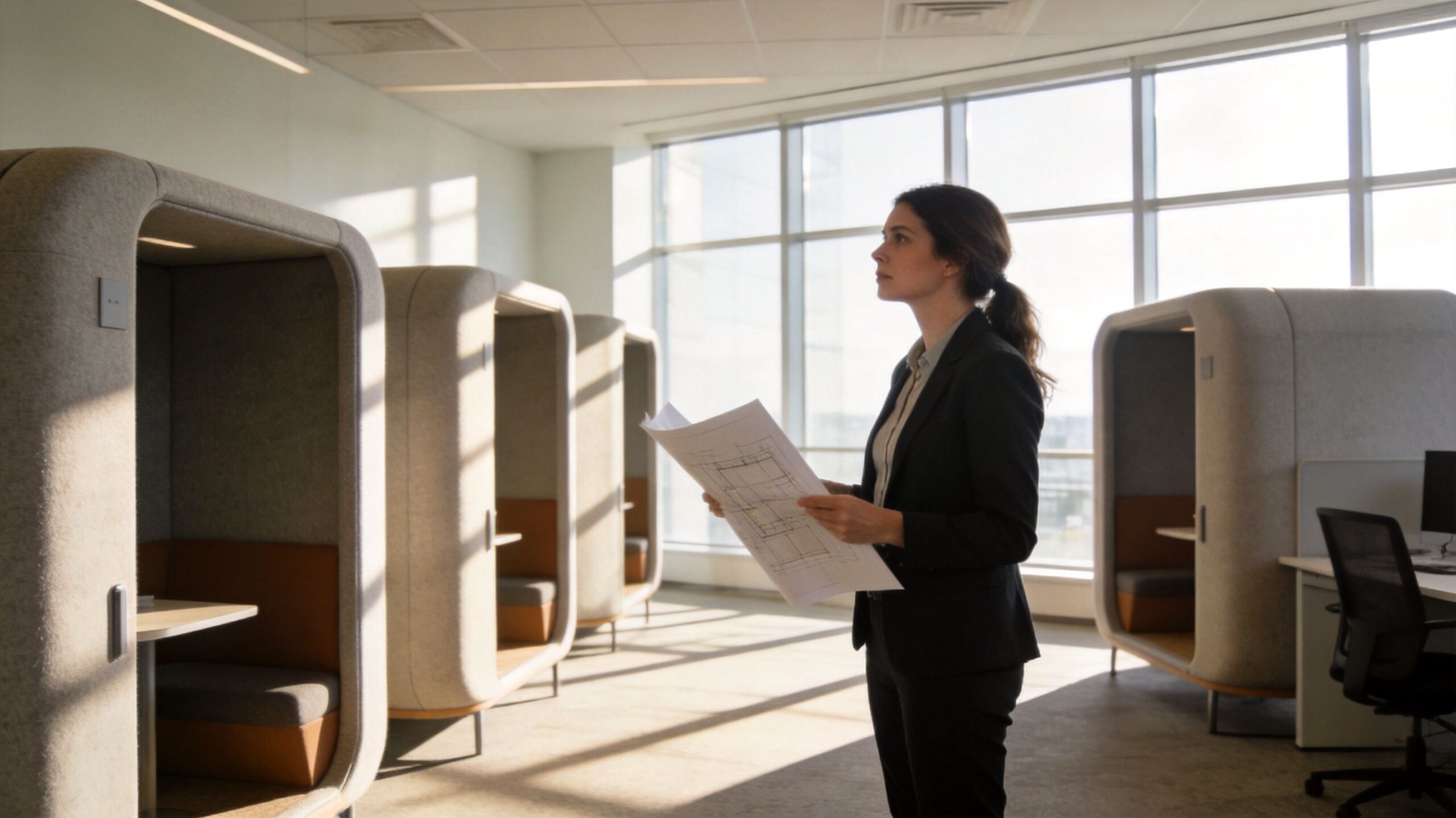 A professional woman holding architectural floor plans while standing in a modern office near soundproof pods.