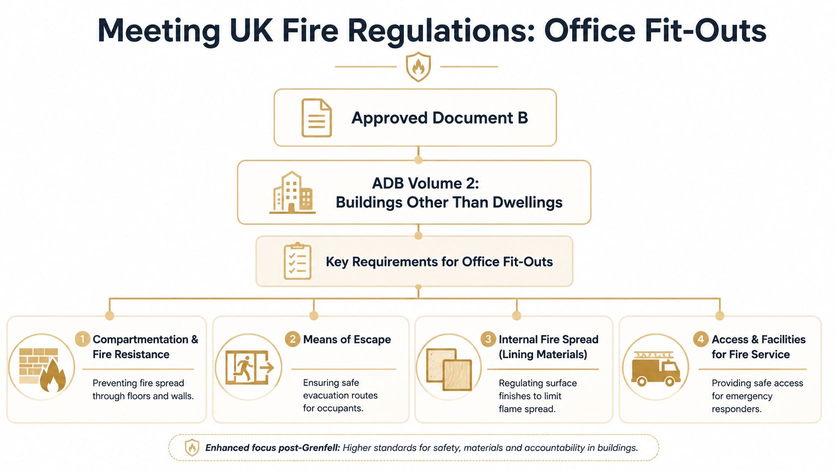 A diagram outlining key UK fire safety regulations for office fit-outs and building compliance standards.