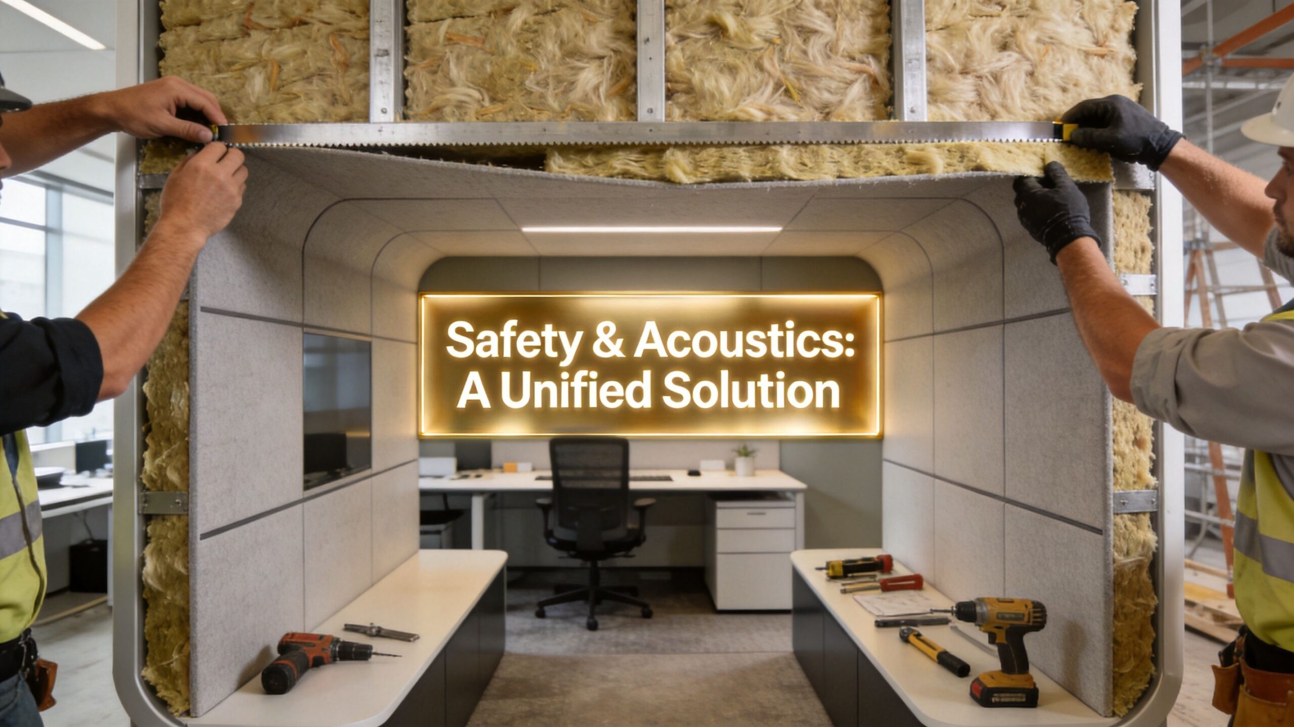 Construction workers installing insulation panels to build an office soundproof booth with acoustic safety features.