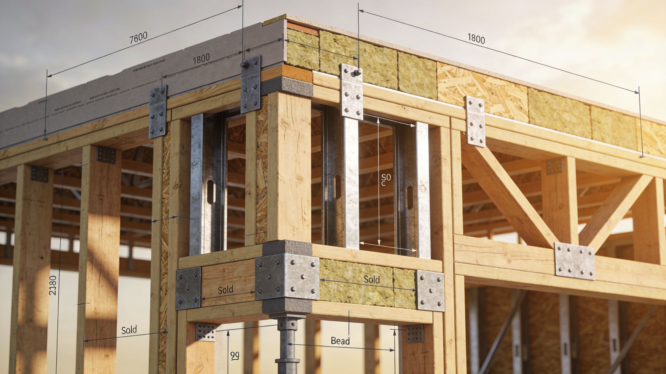 A 3D architectural render of a timber and steel stud wall frame construction with structural measurements indicated.