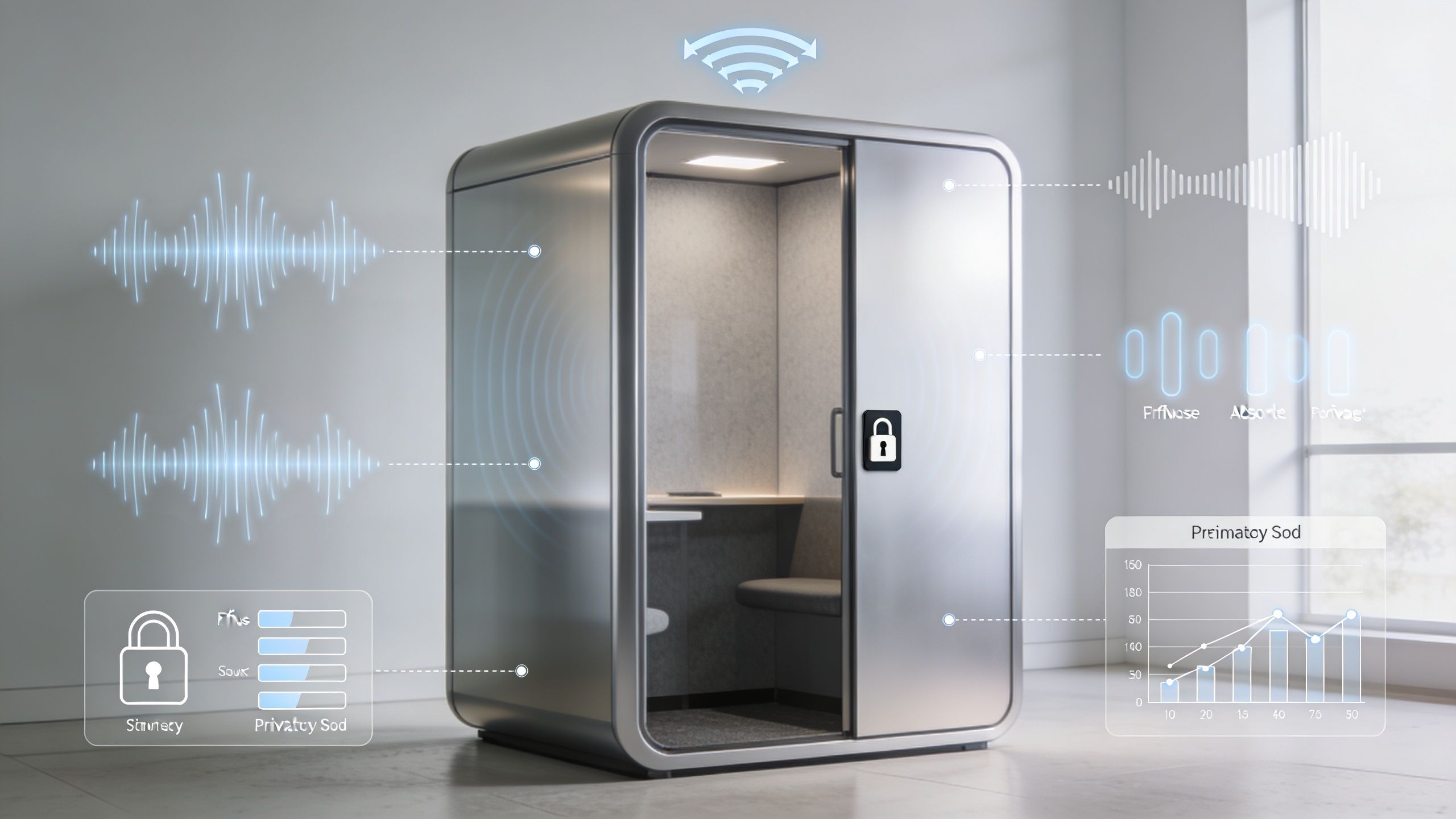A modern soundproof office phone booth in a bright room with digital data overlays and connectivity icons.