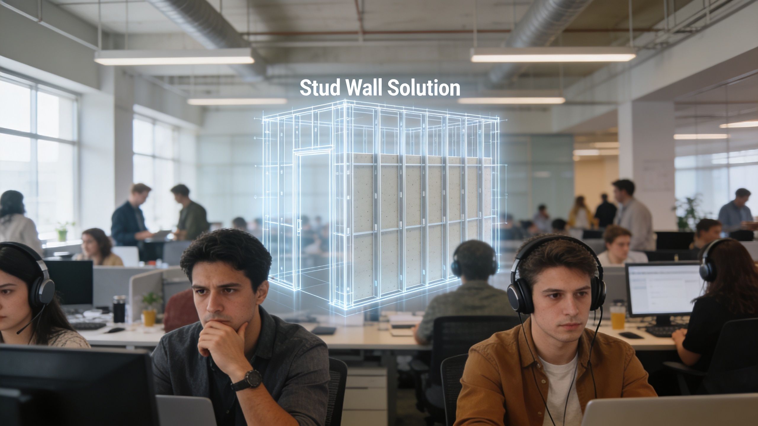 A professional workspace with employees using computers as a 3D digital wireframe of a stud wall displays.