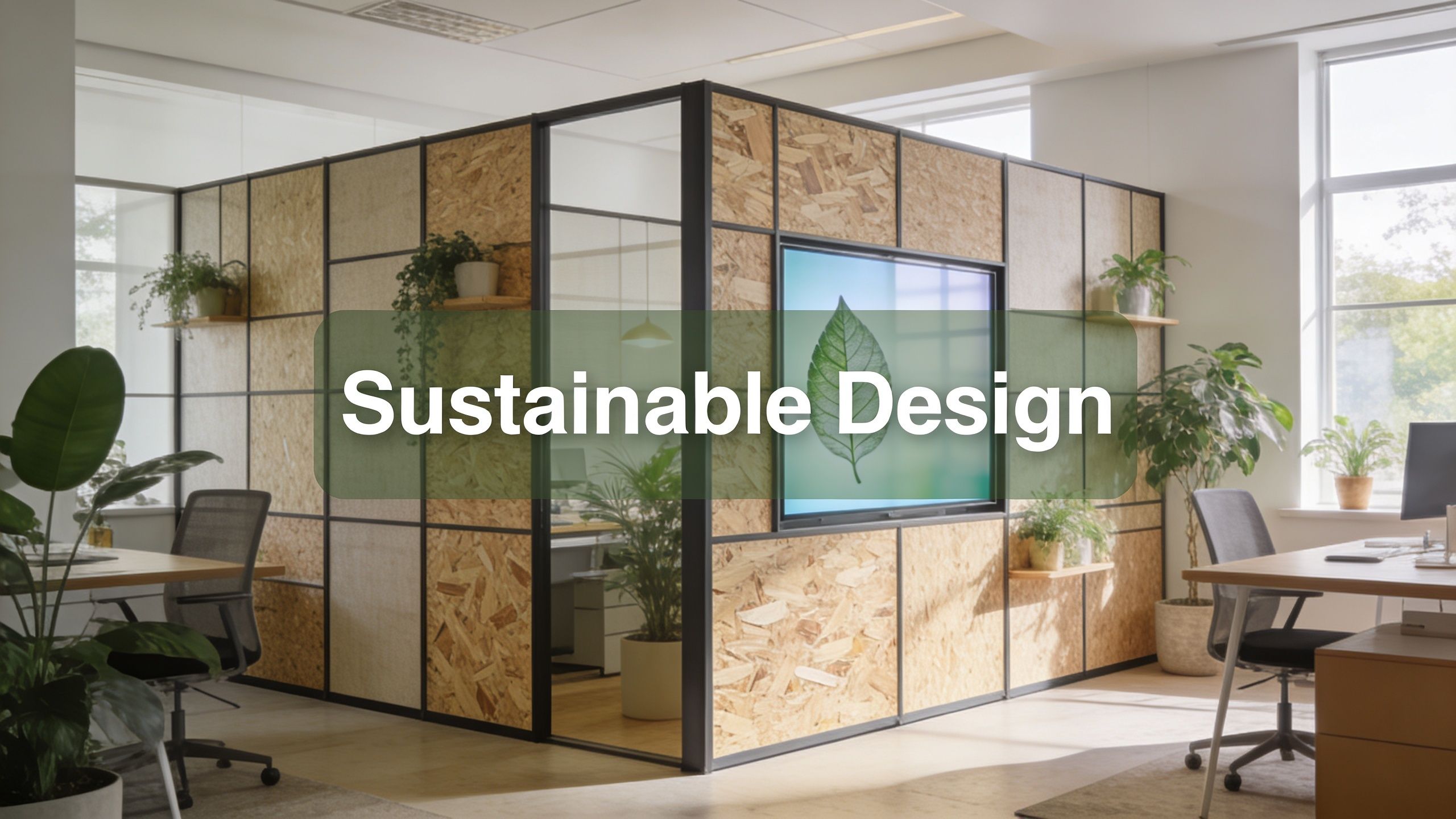 A modern office space featuring eco-friendly OSB wood wall room dividers and lush green indoor plants.
