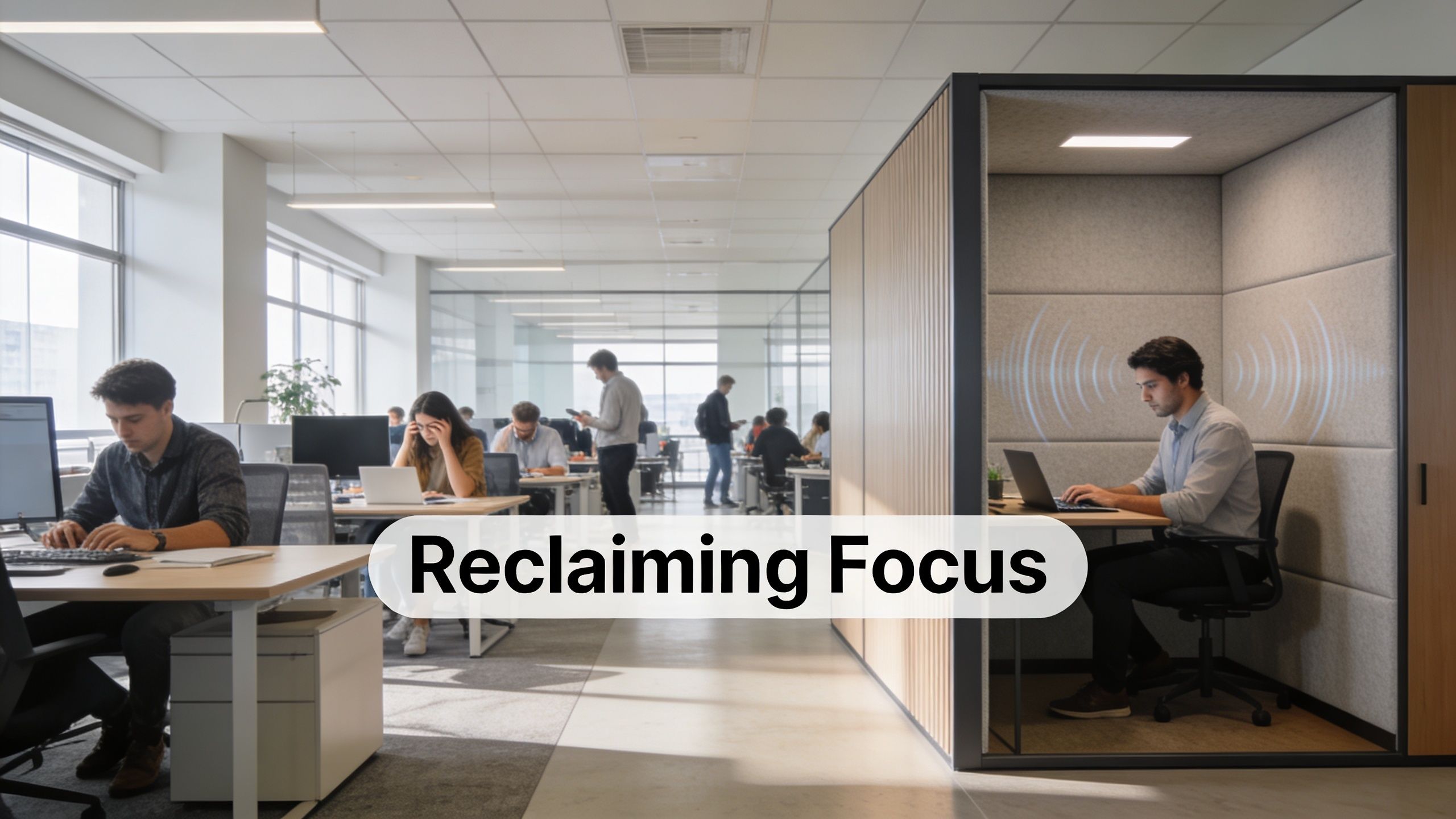 A modern open-plan office features employees working at desks alongside a private wall room divider pod.