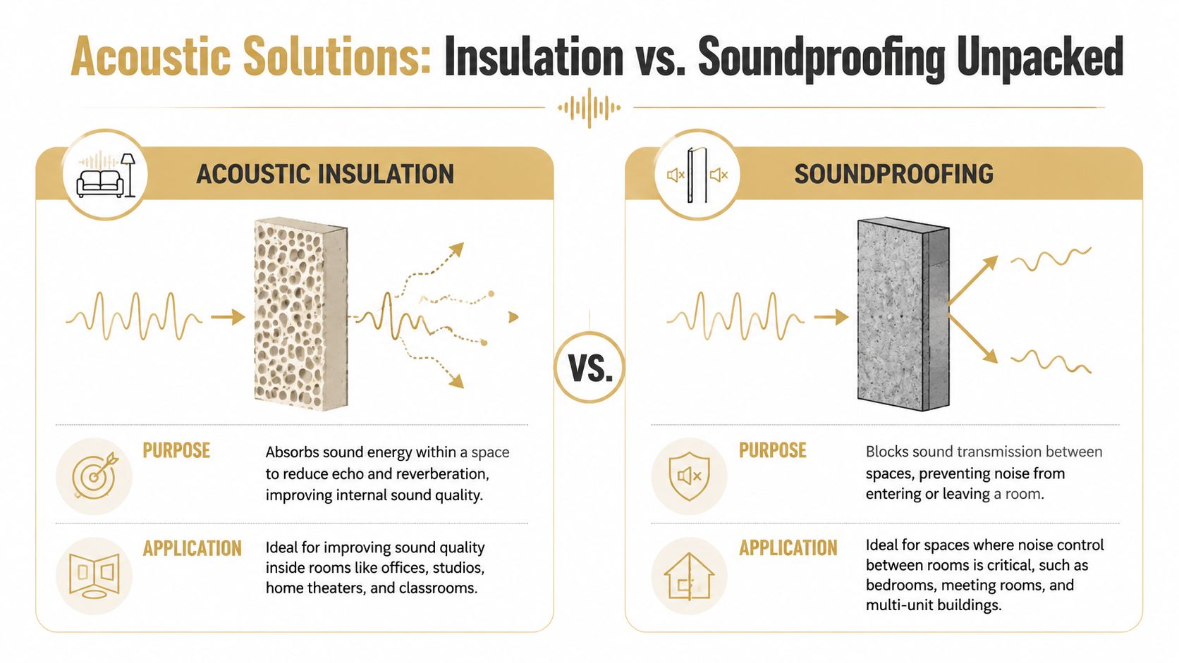 A comparison infographic explaining the differences between acoustic insulation for sound absorption and soundproofing for sound blocking.