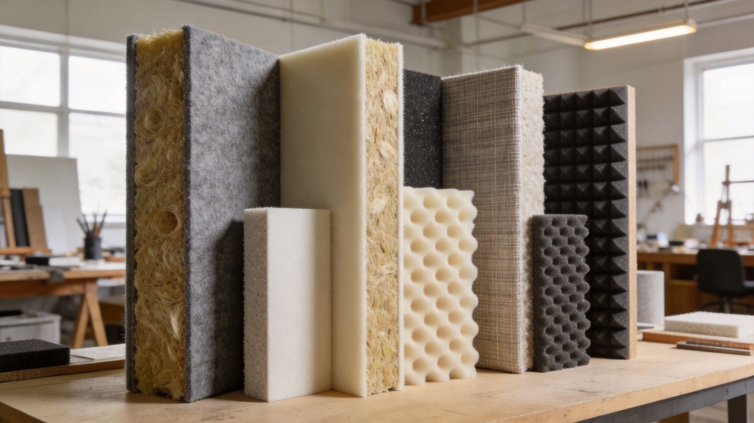 A collection of various soundproofing acoustic insulation materials displayed on a wooden table in a workshop.