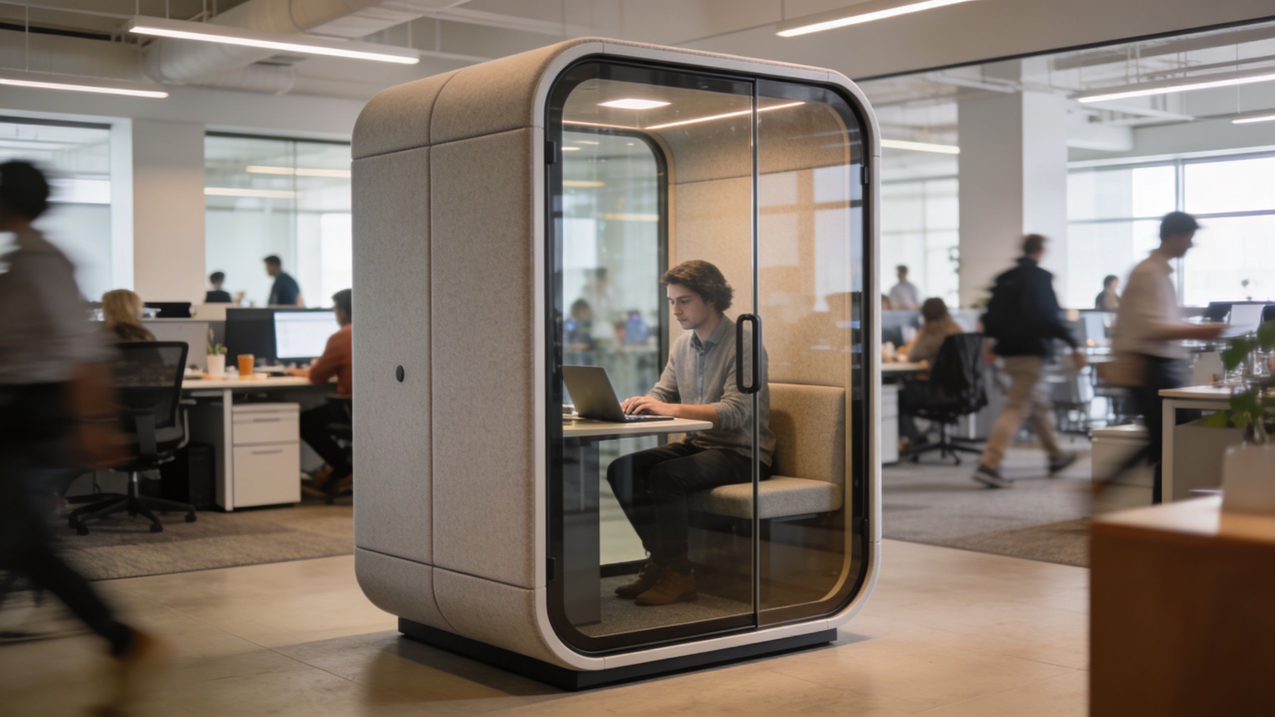 A young man sitting inside a modern, glass-walled acoustic office phone booth in a busy workplace.