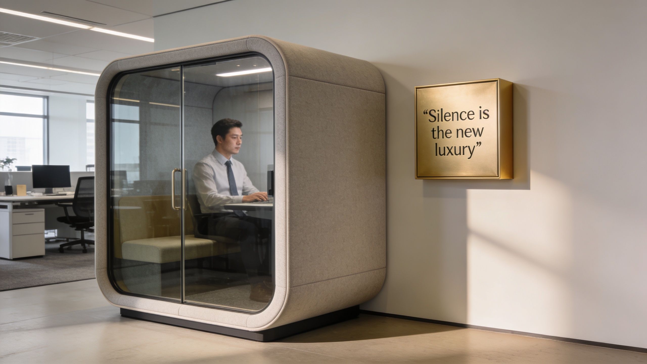 A professional man works quietly inside a soundproof office phone booth in a modern corporate office space.